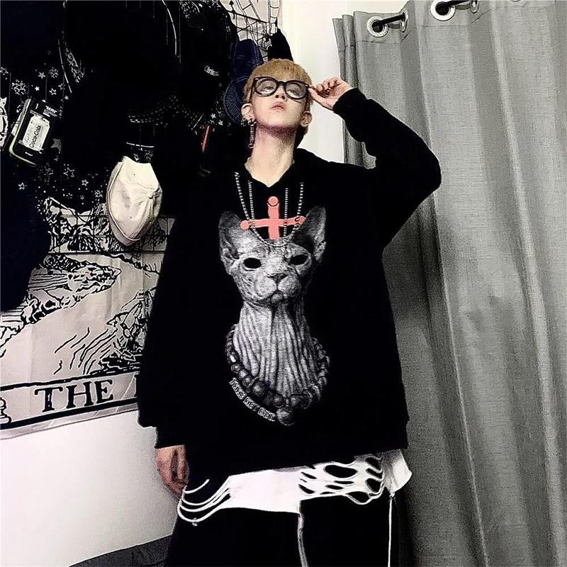 Autumn and Winter Sweater Women Dark Personality Hairless Cat Print