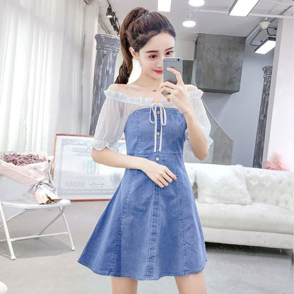 Women High Waist A-line Denim Dress Chiffon Stitching Off Shoulder Dress Female Short  Dress for Party Beach