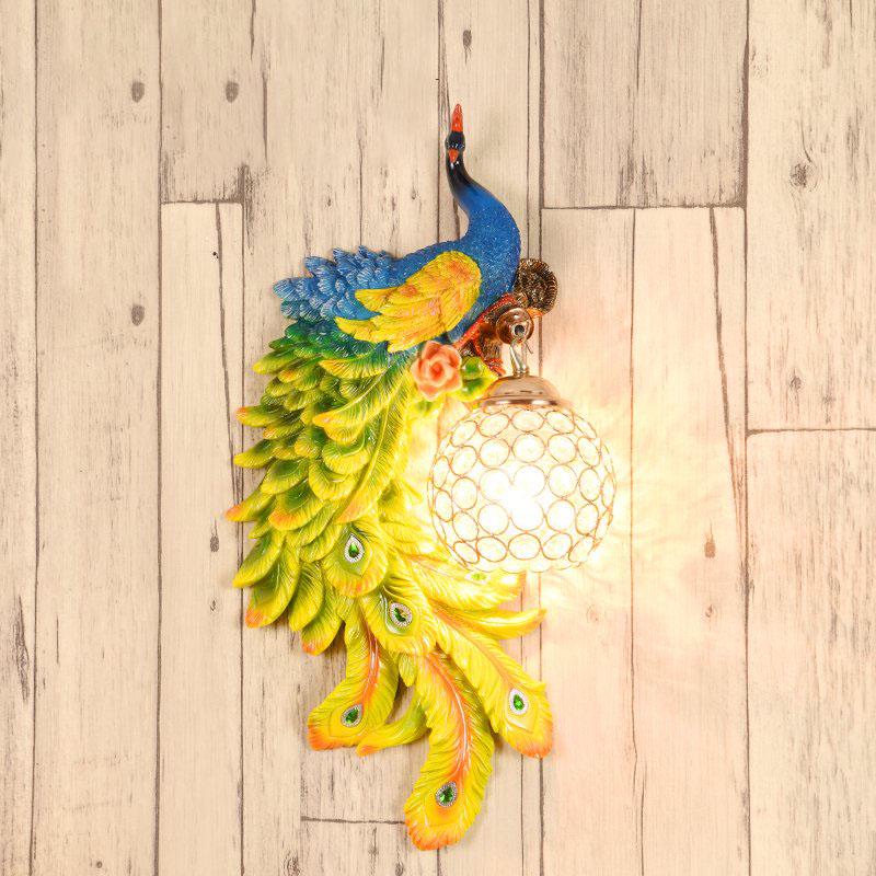 Retro peacock crystal LED wall lamp living room background bedroom bedside peacock phoenix wall lamp