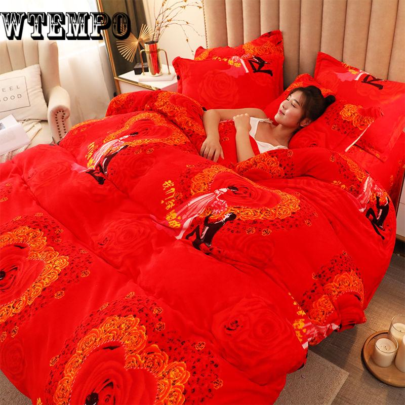 Flannel Winter Home Textile Printed Geometric Hand Wash Warm Flannel Bedding Sets 4pcs