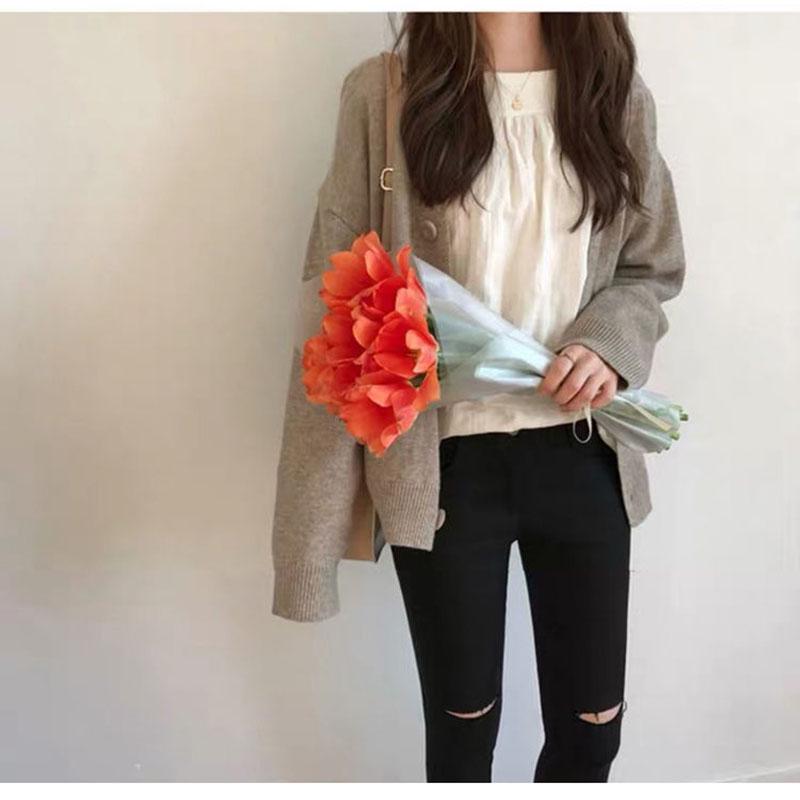 Spring and Autumn Fashion Top Loose V-neck Jacket Cardigan Simple Female Student Sweater