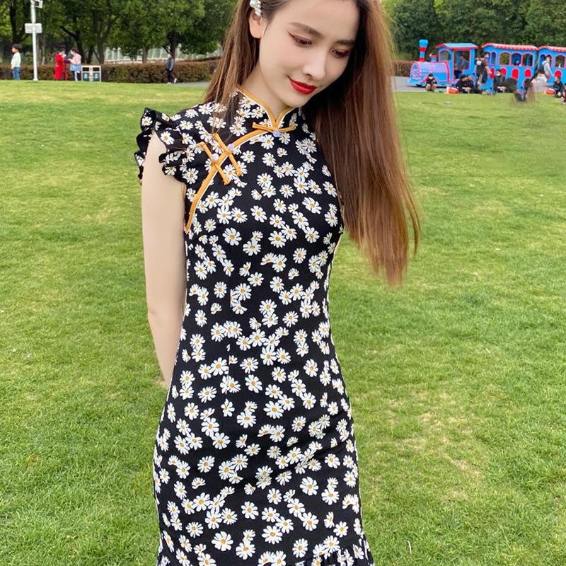 Little Daisy Cheongsam Improved Dress Short Floral Sexy Small Young Girl Daily Wear