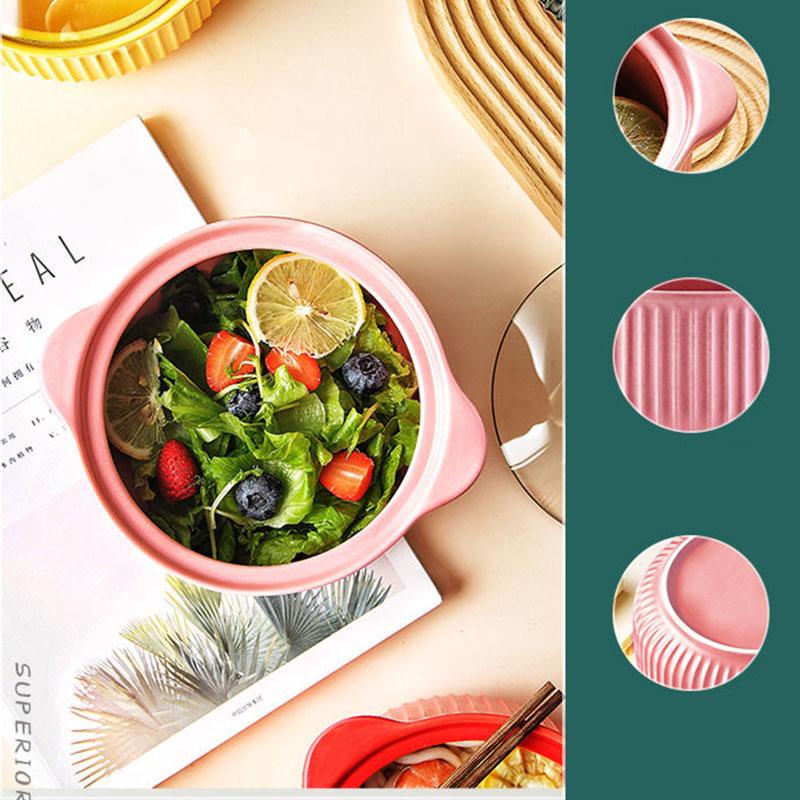 Nordic Style Ceramic Instant Noodle Bowl with Lid Binaural Soup Bowl Student Dormitory Rice Bowl Large Fruit Dish