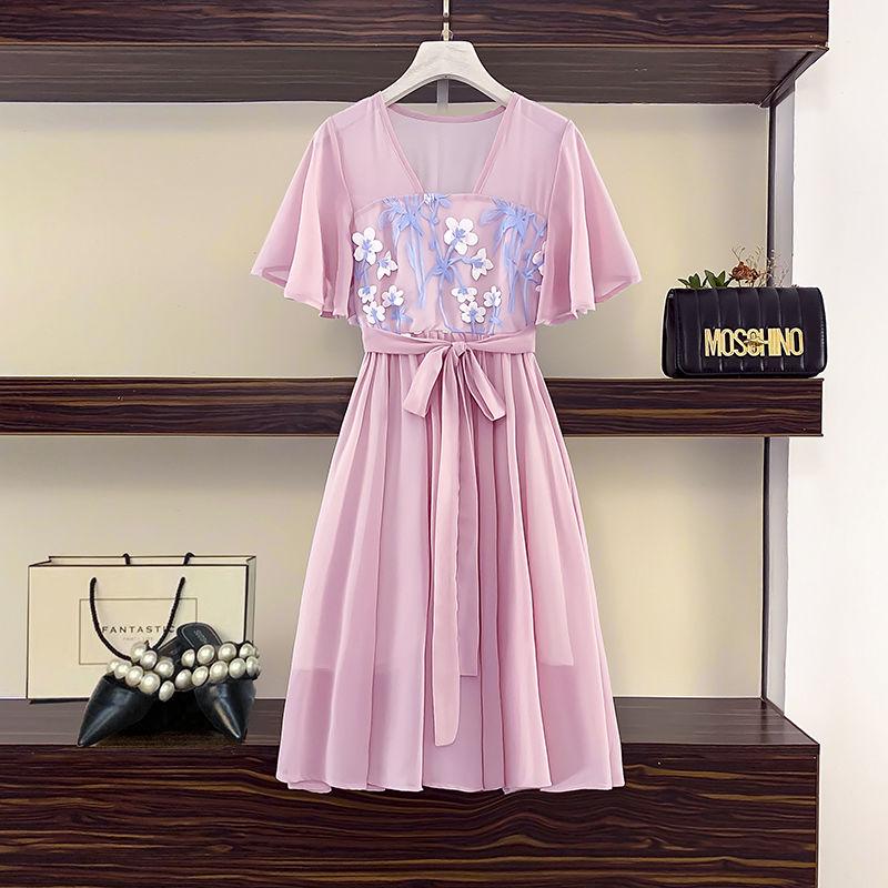 Women's Plus Size Dress Summer Chiffon Dress Retro Embroidery Dress Midi Pleated Dress with Belt
