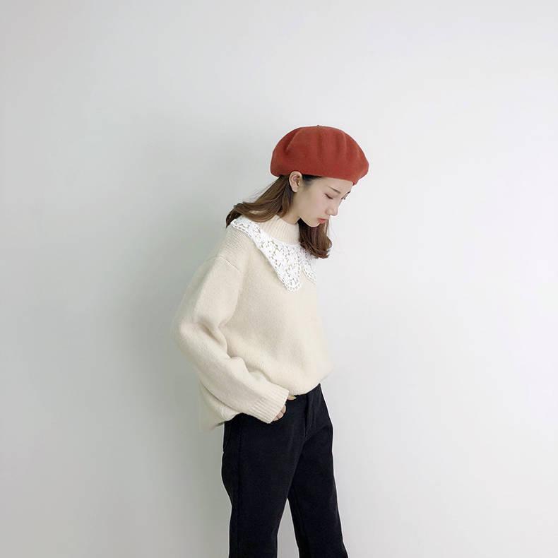 Pofulove Girly Winter Lace O Neck Warm Knitwear Skin-friendly High Elasticity Women Pullover Sweater
