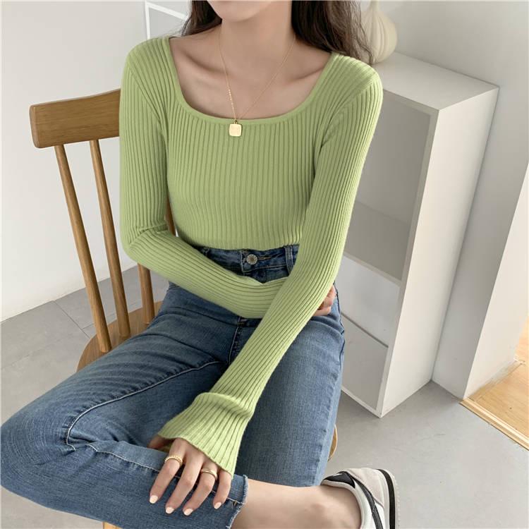 Open Navel Sexy Round Neck Pullover Long Sleeve Short Sweater Women Slim Waist Knitwear