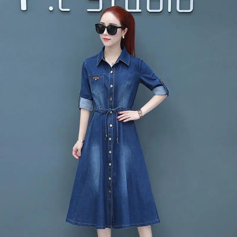 Denim Dress Women's Spring and Autumn Waist Tightening Long-sleeved Mid-length A-line Dress