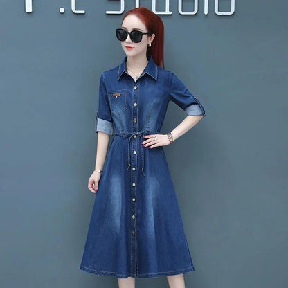 Denim Dress Women's Spring and Autumn Waist Tightening Long-sleeved Mid-length A-line Dress