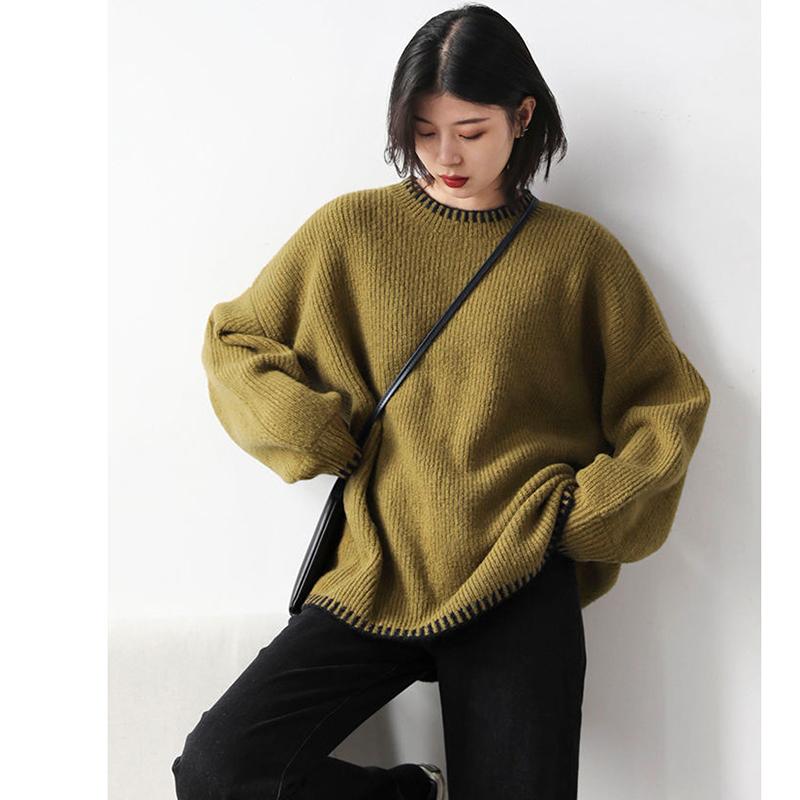 Large Size Knitted Sweater Women Autumn and Winter Loose and Lazy Retro Hit Color Pullover Round Neck Sweater