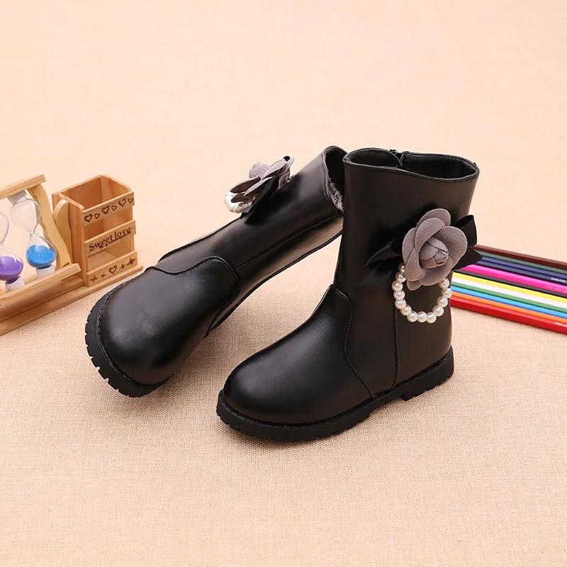 Girls' Boots Autumn and Winter Solid Color Flower Martin Boots Plush Warm Pearls Princess Snow Boots