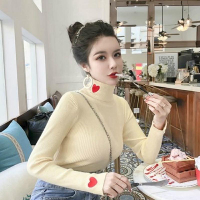 Pofulove wild slim top shirt women autumn and winter sweet love turtleneck pullover sweater