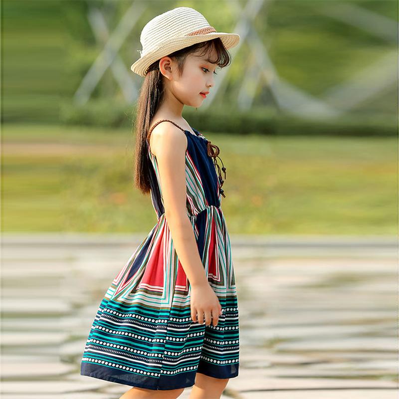 Children's Dress Girl's Suspender Dress Korean Version of Printed Sleeveless Striped Dress Backless Beach Dress Ethnic Style Bra skirt