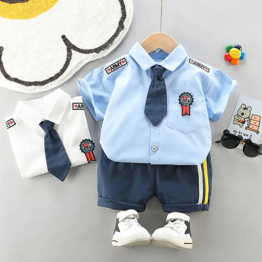 Boys' Short-sleeved Summer Suits Baby Western-style Tie Suits Two-piece Suit Summer Children's Handsome Trend