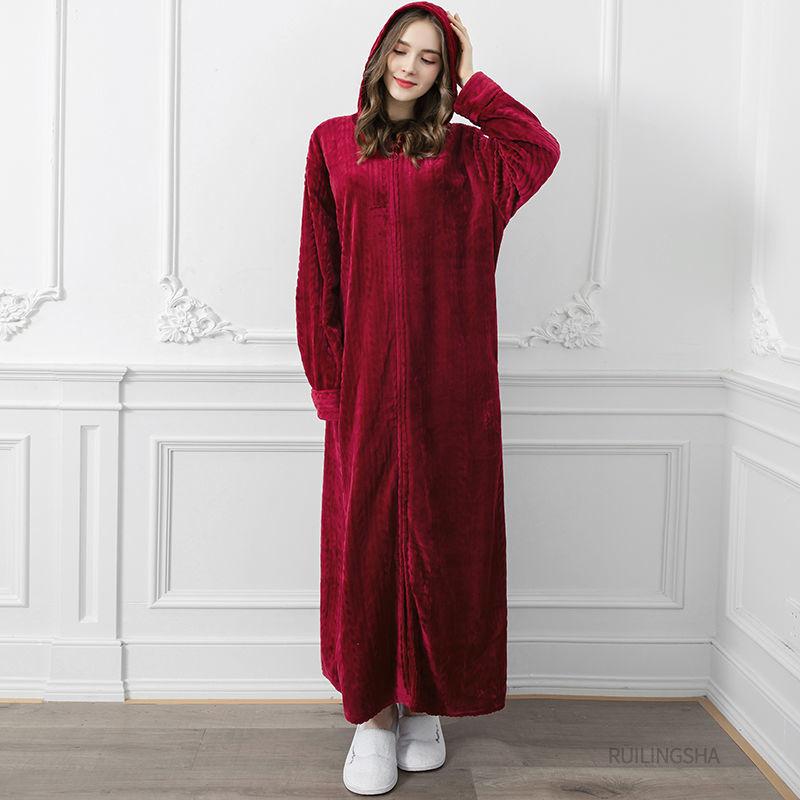 Nightgown Women Autumn and Winter Long Coral Fleece Thick Warm Flannel Bathrobe Zipper Pajamas Dress Age Reduction Cute Style
