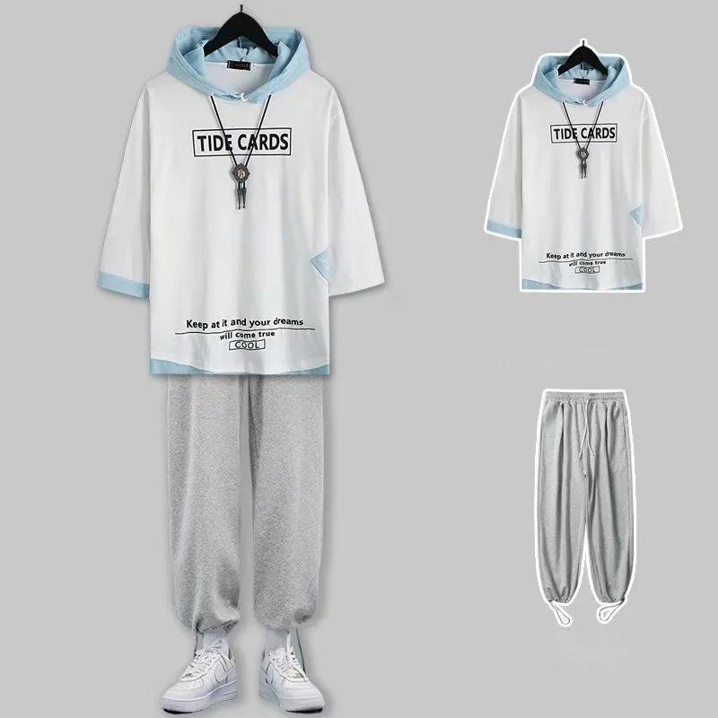 Summer Short-sleeved Suit Male Student Korean Version Trend Loose Hooded Three-quarter Sleeve Top Hong Kong Style Sports Pants Two-piece Set