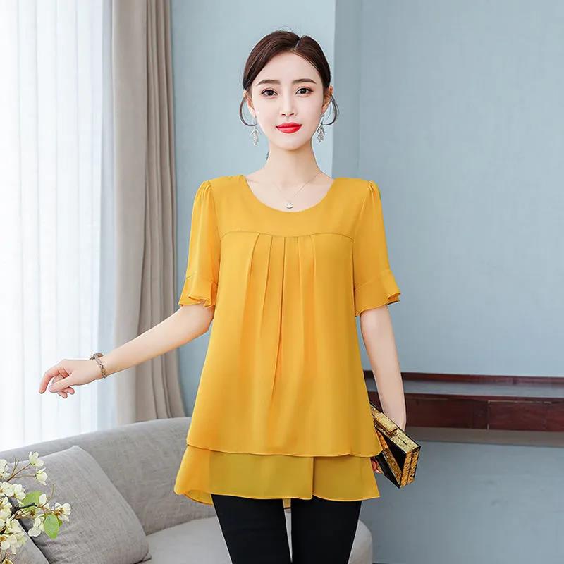 Women's Summer Chiffon Short Sleeve Large Size Round Neck Solid Color Loose T-Shirt