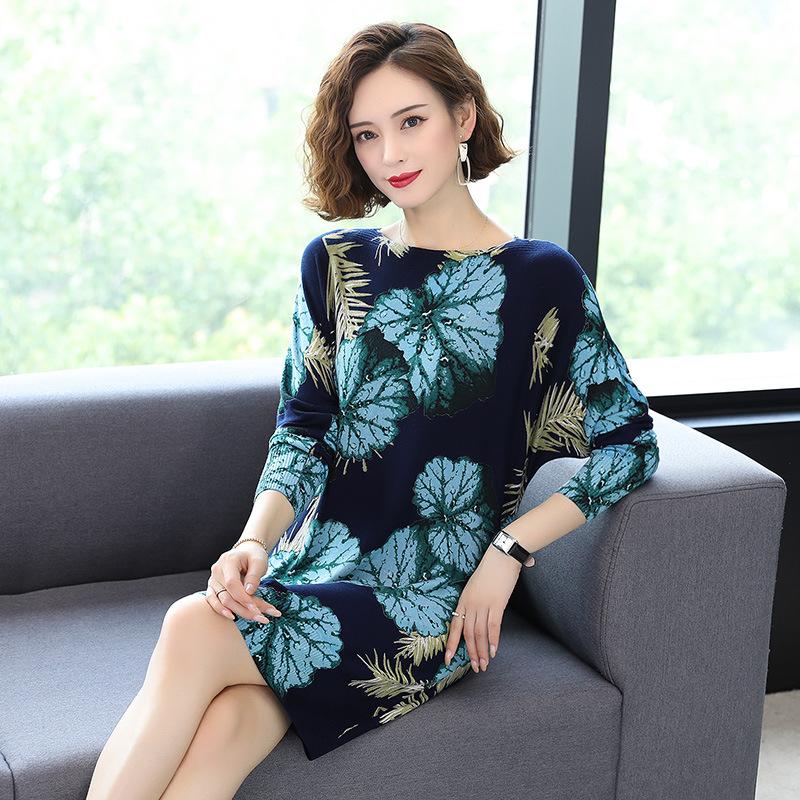 Floral Print  Knit Dress Women Long Sweaters Casual Long Sleeve Loose Pullover Soft Jumper Autumn Winter Knitted Sweaters Dress