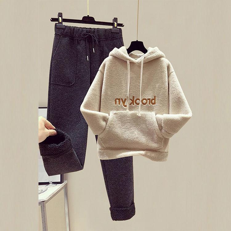2pcs/set  Autumn Winter Fleece Hoodies Vintage Sweatshirt Two Piece Set Woman Tracksuits Jogger Pants Thick Warm Clothes