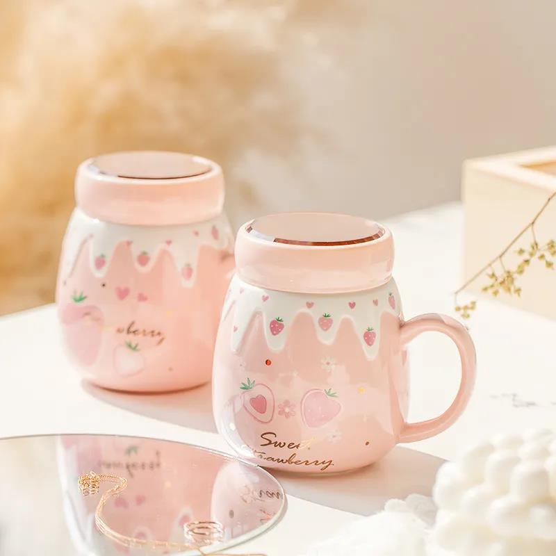 High-value Ceramic Mug with Lid Spoon Water Cup Female Home Cute Cup Large Capacity Breakfast Cup Gift Student