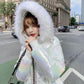 Women's Bright Face Hooded Down Jacket Mid-length Korean Loose Thick Coat Warm Cotton Coat Large Wool Collar Winter Quilted Coat