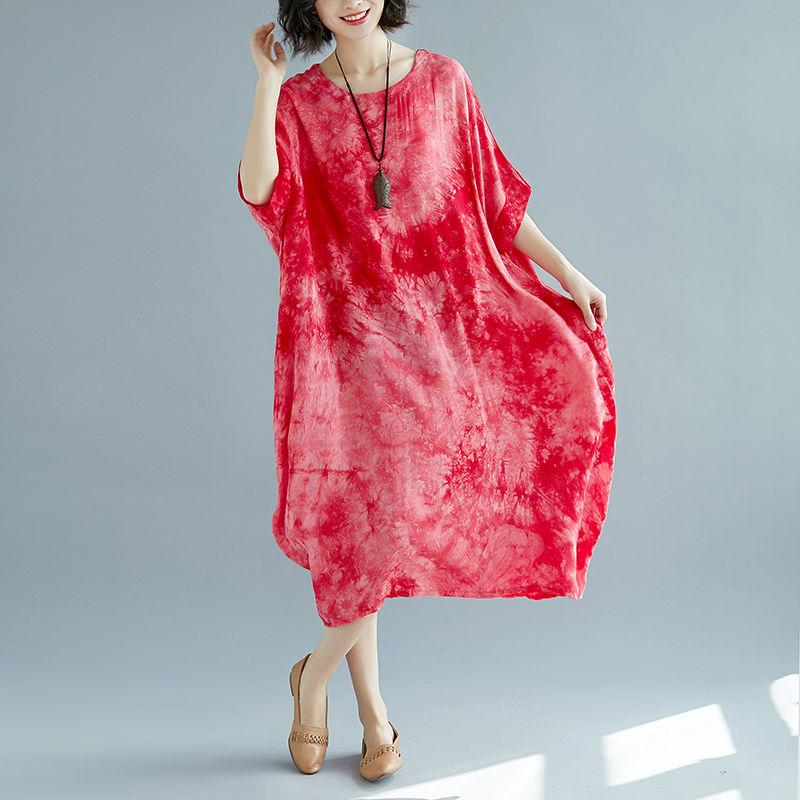 WTEMPO  Short Batwing Sleeve Cotton and Linen Round Neck Long Dress Casual Mid-calf Length Plus Size Ladies Dress Summer