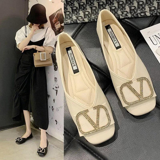 Women's Soft Sole Shoes Flat-bottomed Non-slip Shoes Work Can Wear Square-toed Shoes Retro British Style Ladies Leather Shoes Casual Shoese