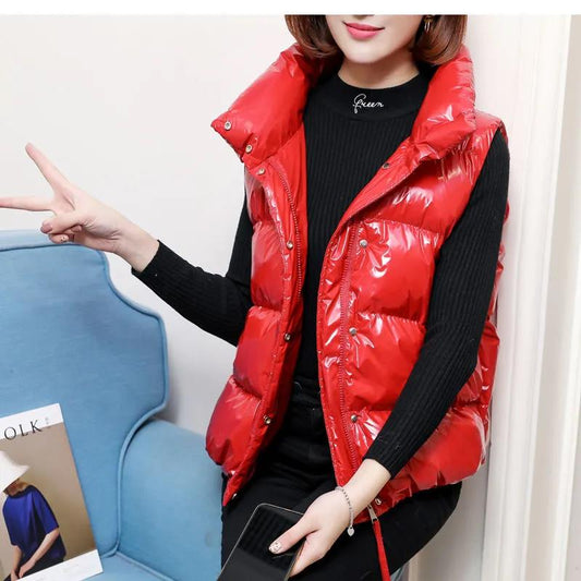 Autumn and Winter Women's Vest Short Down  Korean Patent Leather Bright Top Solid Color Sleeveless Jacket