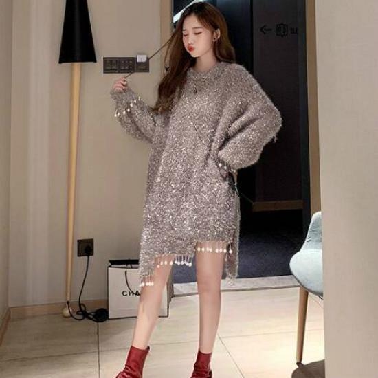 Beads Tassel Knitwear Women Loose Bling Silk Crew Neck Irregular Hem Pullover Sweater Dress