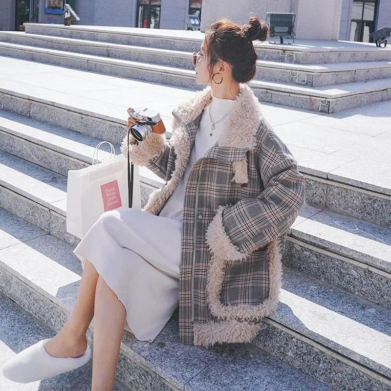 Plaid Lamb Wool Coat Girl Student Padded Overcoming Padded Coat