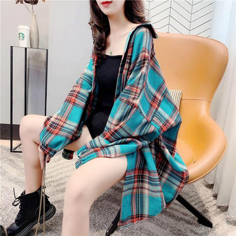 Plus Velvet/no Velvet Plaid Shirt Women's Spring and Autumn Long-sleeved Mid-length Loose Large Size