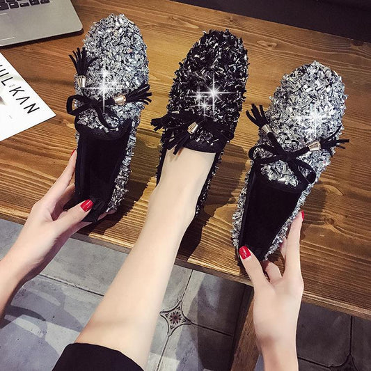 WTEMPO Spring  Flat Bottom Student Sequin Loafers One Pedal Loafers Female Flat Bottom Shoes
