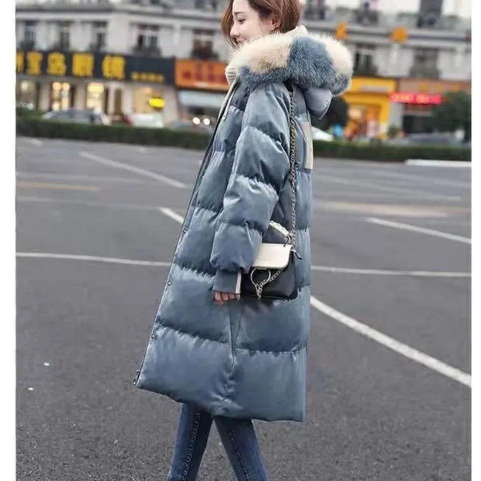 Long Gold Velvet Big Fur Collar Down Cotton Jacket Korean Winter Clothes New Fashion Loose