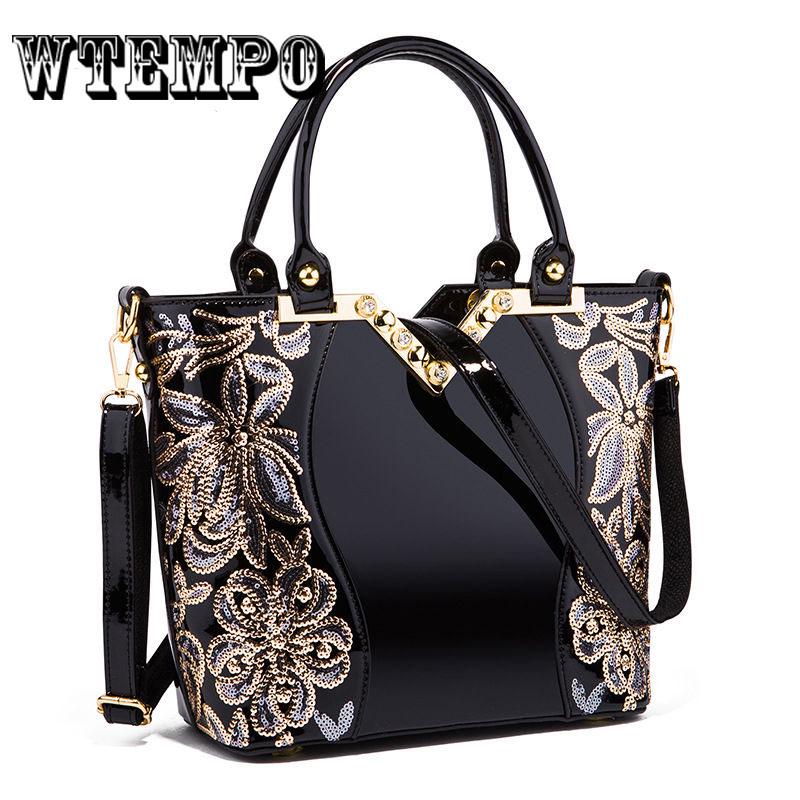 Shoulder Bag Embroidered Bright Portable Handbags Patent Leather Women Shoulder Bag