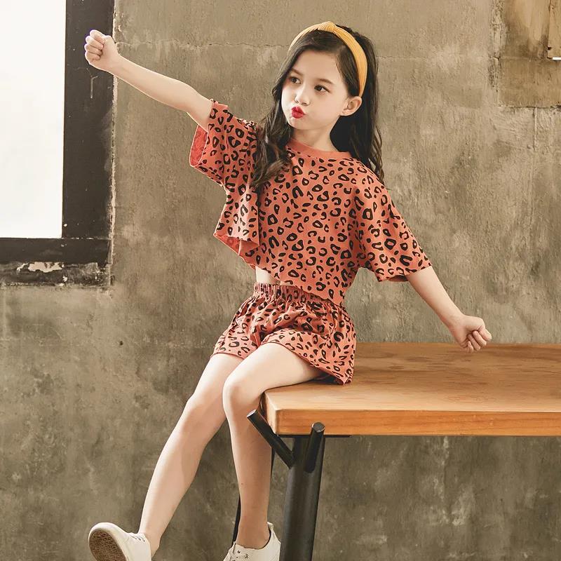 Girls' Summer Suits Leopard Print Middle and Large Children's Clothes T-shirts, Shorts Cotton Two-piece Student Suits