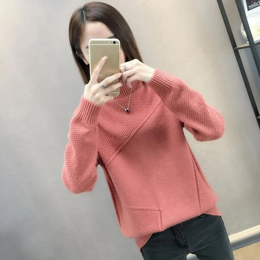 Shery Lady Round Neck Irregular Puff Sleeve Knitted Loose Pullover Sweater