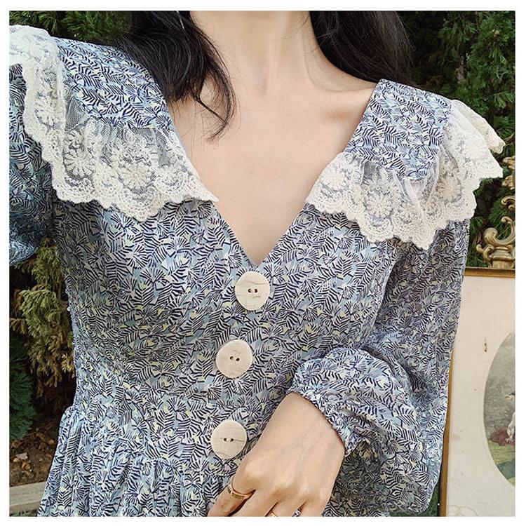 Summer Women Dress for Ladies Long Sleeve Vintage Chiffon Shirt Dress Casual Floral Long Dress