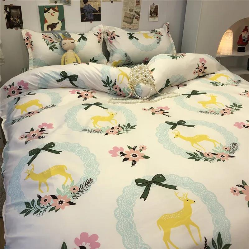 Ins Lattice Cartoon Girl Heart Bedding Four-piece Student Dormitory Three-piece Single Bed