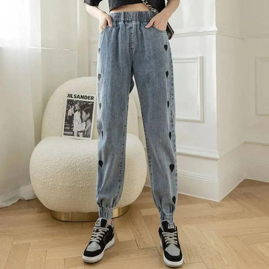 Embroidered Heart Harem Jeans Women's Spring and Autumn Denim Trousers High Waist Elastic Large Size Loose Casual Denim Pants