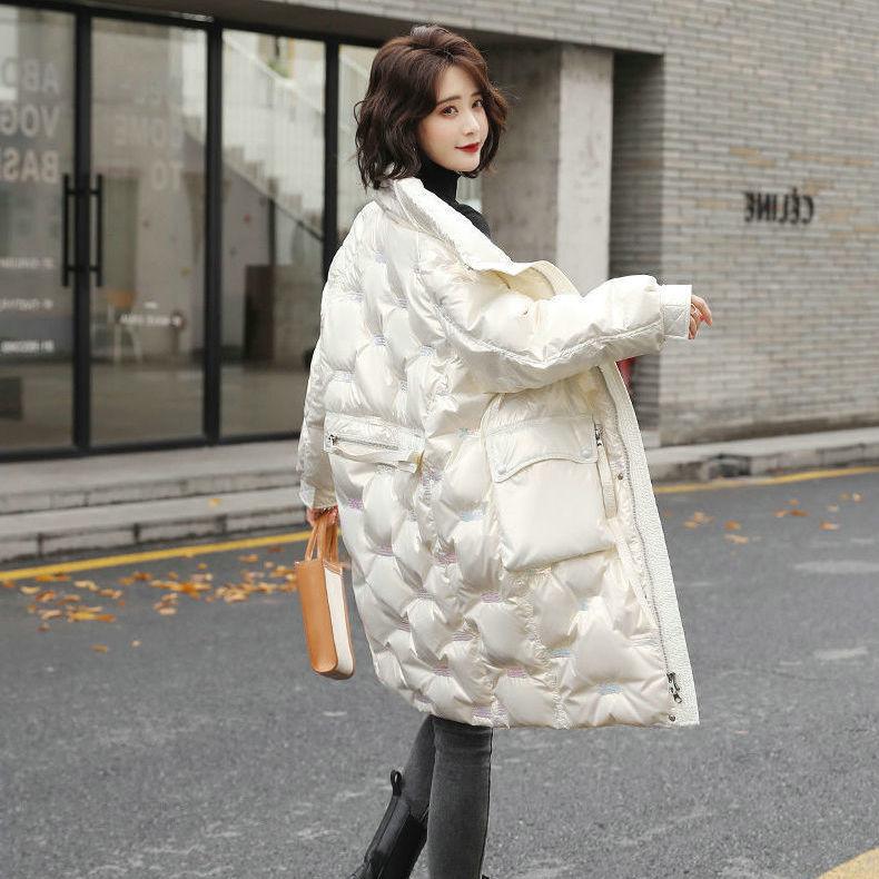 Autumn and Winter Bright Face Stand-up Collar Hoodless Cotton-padded Jacket Women's Mid-length Large Size Loose Bread Jacket Warm Cotton Jacket