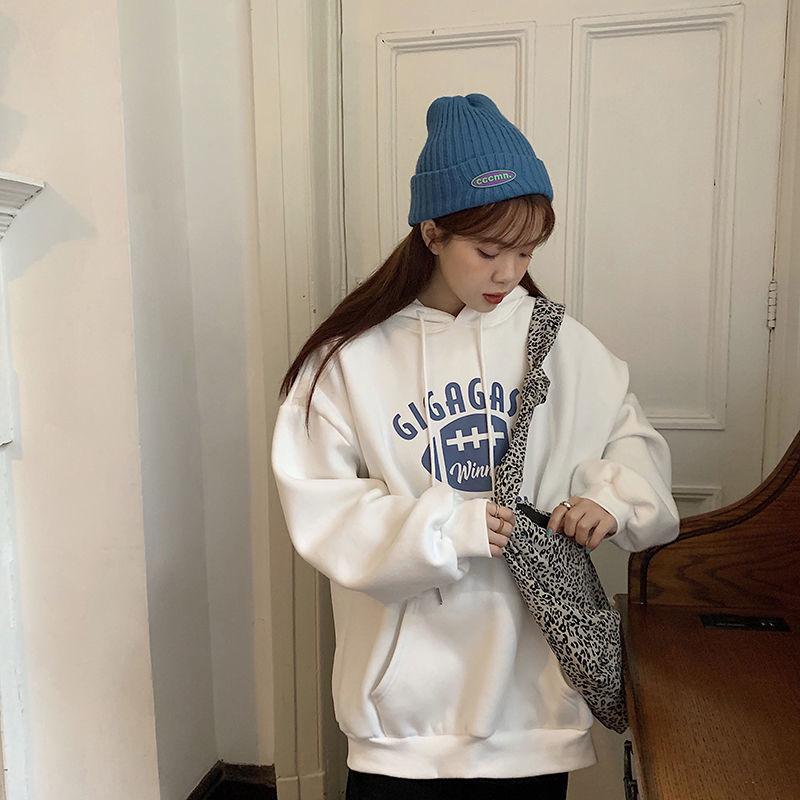 Autumn and Winter Women's Hooded Hoodie Korean Loose Large Size Plus Velvet Thick Letter Coat