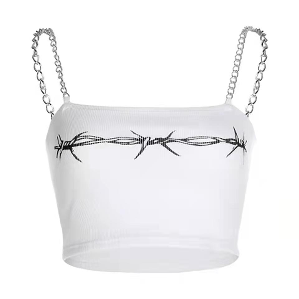 Printed Strapless Sexy Vest Summer Short Blouse E-girl Fitness Sportswear Metal Chain Strap Camisole