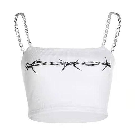 Printed Strapless Sexy Vest Summer Short Blouse E-girl Fitness Sportswear Metal Chain Strap Camisole