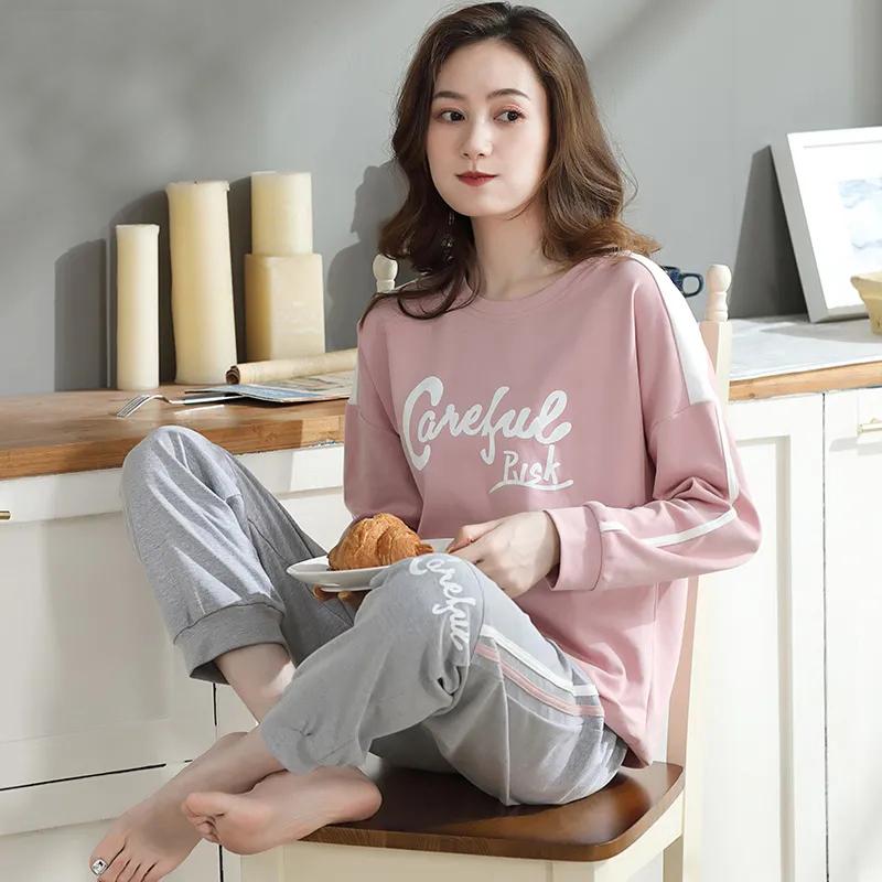 Women's Pajamas Set Cotton Pyjamas Long Sleeve Sleepwear Suit Spring Autumn Nightwear Casual Loose Cute Home Wear Pullover O Neck Tops Pants