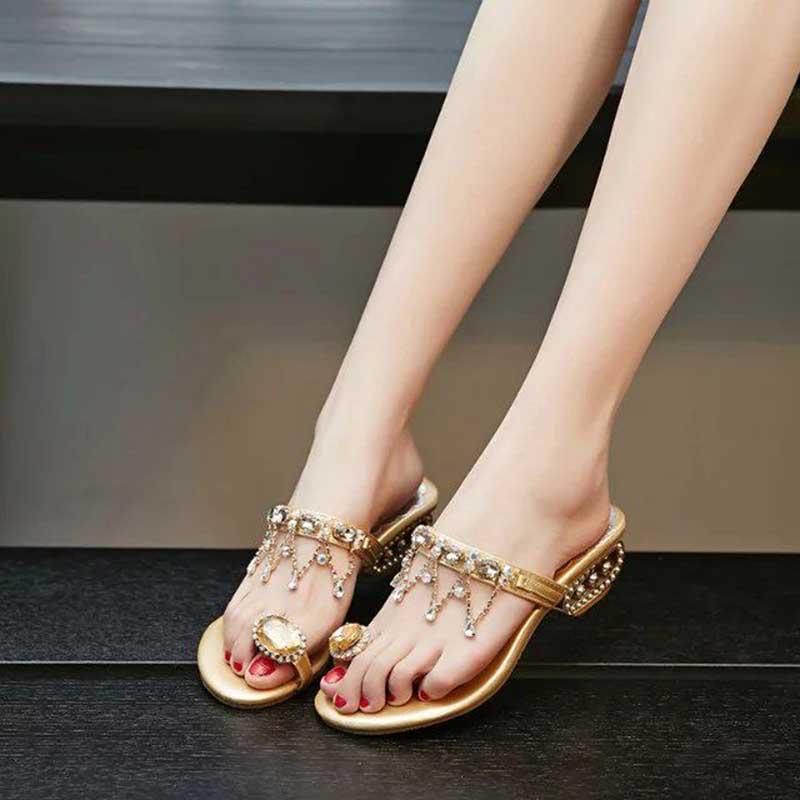 Size 34-41 Summer Women Outdoor Flat Bohemian Beach Flip Flops Wear-resistant Non-slip Office Lady Waterproof Diamond Sandals