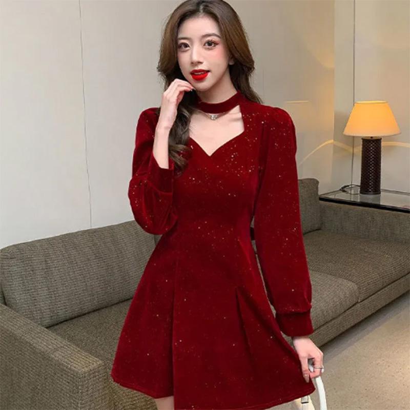 Spring and Autumn Women's Clothes Dating To Work Velvet High Sense Dress New Year Festive Hanging Neck Sexy Hollow Small Dress