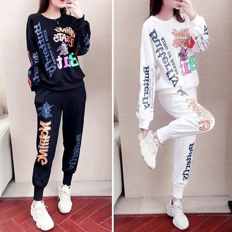 2PCS Women's Spring and Summer Sports Suit Casual Loose Long Sleeve Sweater + Loose Pants Two Pieces Ladies Personality Slimming Print Fitness Suit