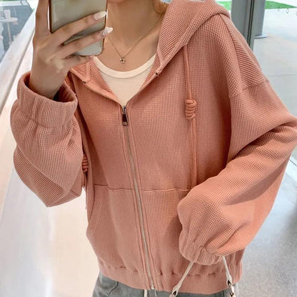 Waffle Hooded Jacket Women's Spring and Autumn All-match Casual Loose Short Top Solid Color Zipper Jacket