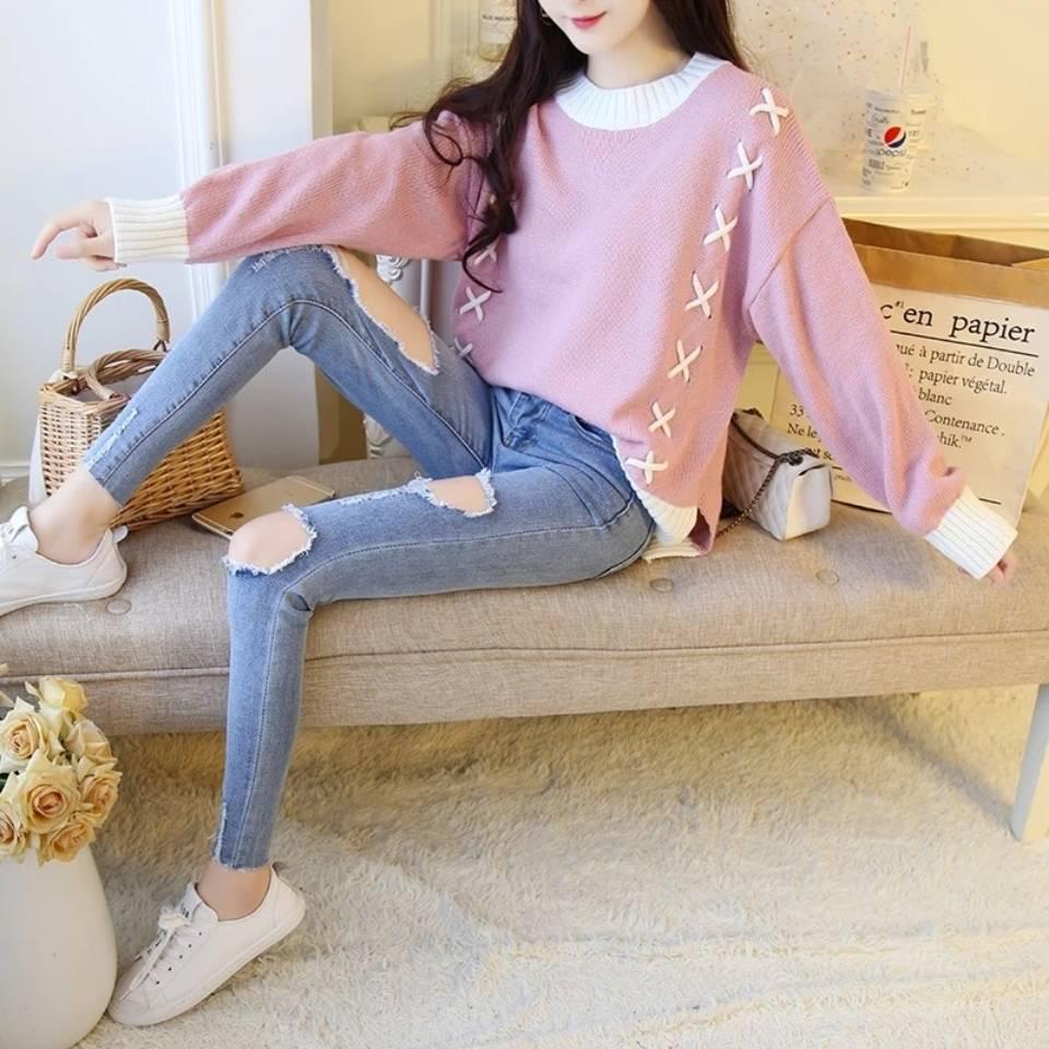 Loose Front Short Back Long Split Knitted Round Neck Jumper Short Wild Sweater Women