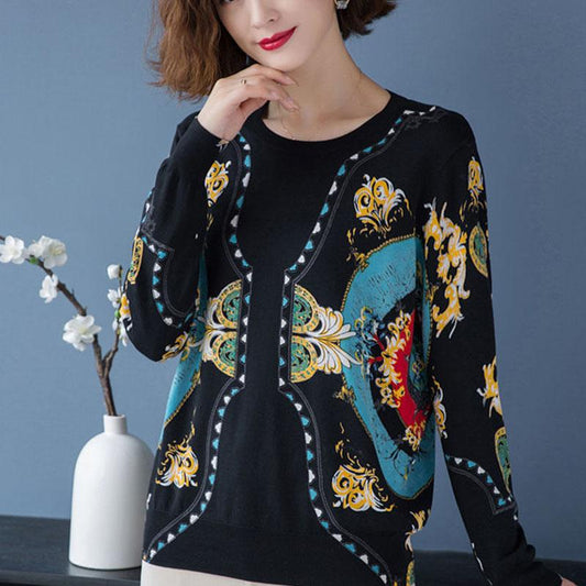 Ethnic Style Printed Sweater Cashmere Knitted Bottoming Sweater Women Winter Warm Woolen Sweater Plus Size Jumper Tops