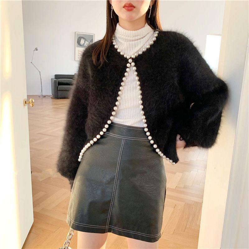 Women's Coat Cardigan Jacket Spring and Autumn Pearl Knitted Sweet Super Fairy Lantern Sleeve Imitation Mink Fleece Sweater